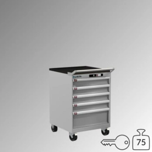 Fiókos szekrény, teherbírás/fiók: 75 kg, mobil, 5 fiók: 4x100, 200 mm, hengerzár, SZxMxM 564x572x890 mm, RAL 7035