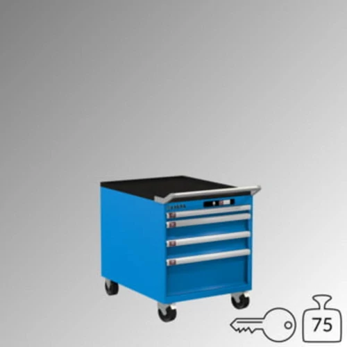 Fiókos szekrény, teherbírás/fiók: 75 kg, mobil, 4 fiók: 50, 2x100, 1x200 mm, hengerzár, SZxMxM 564x725x723 mm, RAL 5012