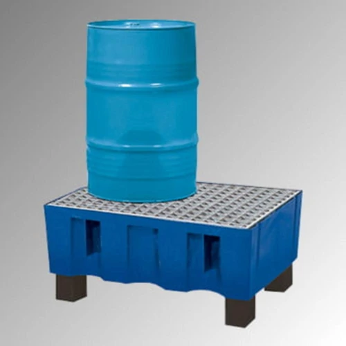 Gyűjtőtálca polietilénből, talp lábakkal, rács nélkül, gyűjtőtérfogat 60 l, SZxMxM 725x525x330 mm, kék