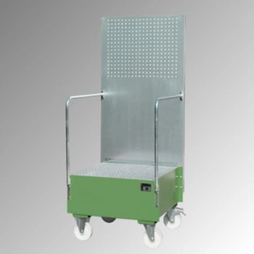 Gyűjtőtálca perforált lemezzel, 3 mm-es acéllemezből, RAL 6011, mobil, 1 db 200 l-es hordóhoz, álló tárolás, SZxMxM 870x890x2110 mm