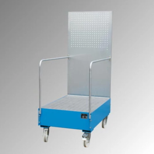 Gyűjtőedény perforált lemezzel, 3 mm-es acéllemezből, RAL 5012, mobil, 2 db 200 l-es hordóhoz, álló tárolás, SZxMxM 1280x800x2015 mm