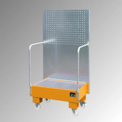 Gyűjtőtálca perforált lemezzel, 3 mm-es acéllemezből, RAL 2000, mobil, 2 db 60 l-es hordóhoz, álló tárolás, SZxMxM 570x890x1685 mm