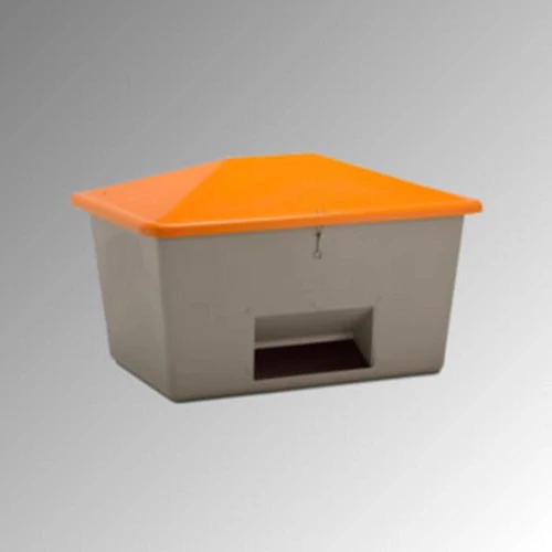 Szóróanyag tartály 1500 l, külső méretek SZxMxM 1840x1430x1040 mm, nyílással, szürke ház, narancssárga burkolat