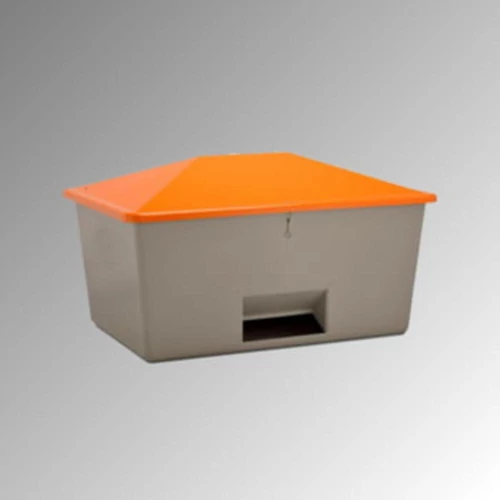 Szóróanyag tartály 2200 l, külső méretek SZxMxM 2130x1520x1240 mm, nyílással, szürke ház, narancssárga burkolat