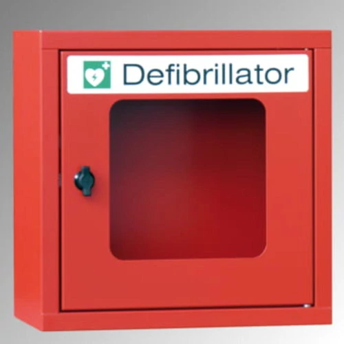 Defibrillátor szekrény riasztó funkció nélkül, betekintő ablakkal és forgózárral, SZxMxM 400x220x400 mm, RAL 7035