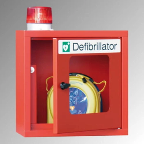 Defibrillátor szekrény riasztó funkcióval + lámpával, betekintő ablakkal és forgózárral, 9V elemmel, SZxMxM 400x220x490 mm, RAL 7035