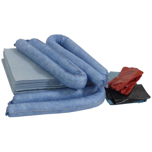 Sürgősségi készlet, SZxMxM 600x200x400 mm, tartó. 50 l, tartalom: 35 kendő 400x500 mm, 3 kígyó, 10 törlőkendő, olajokhoz, kék szín