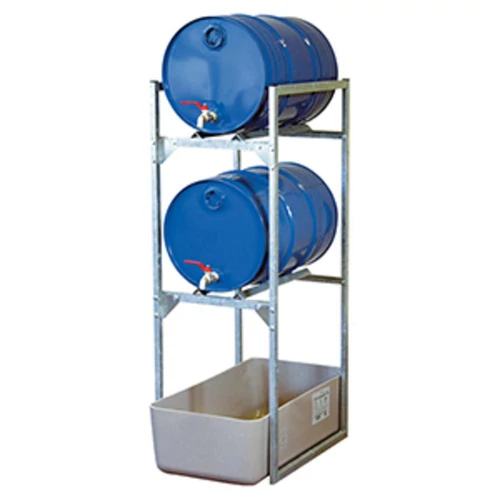 Hordóállvány 2 x 60 l-es hordókhoz, horganyzott acélból, GRP gyűjtőtálcával 65 l, SZxMxM 450x820x1310 mm