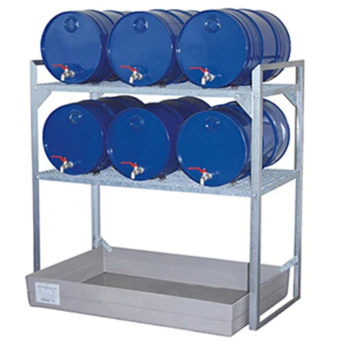 Dobtartó, horganyzott acél, 2 rácsszint 60 l-es hordókhoz és kis tartályokhoz, GRP gyűjtőtálca 150 l, SZxMxM 1320x800x1300 mm