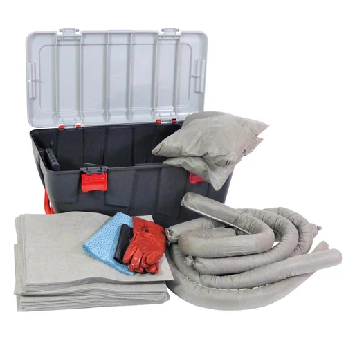 Sürgősségi készlet, SZxMxM 800x380x430 mm, minden folyadékhoz, szürke, tartó. 100L, 50 kendő, 4 kígyó, 2 párna, 15 törlőkendő, kesztyű