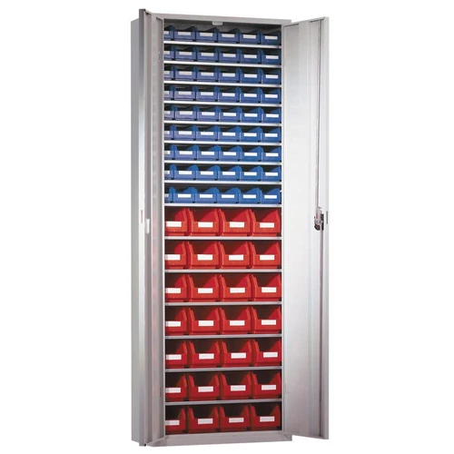 Tárolószekrény, ajtókkal, 15 polc, dobozok 28 x 6-os méret, 54 x 7-es méret, SZxMxH 690x285x1950 mm, RAL 7035 világosszürke