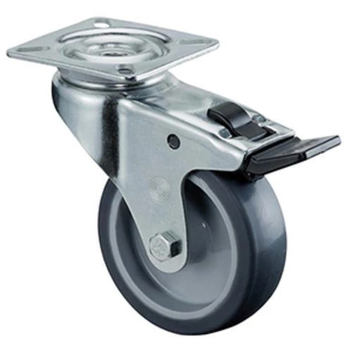 Készülék beálló görgő fékkel, szürke gumi, átm. 75 mm, teherbírás 60 kg, csúszócsapágy, rögzítőlemez