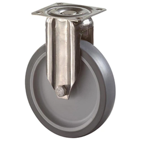 Rozsdamentes készülék fix görgő, hőre lágyuló szürke gumi, átm. 75 mm, teherbírás 60 kg, csúszócsapágy, rögzítőlemez