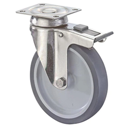 Rozsdamentes acél készülék beálló görgő fékkel, hőre lágyuló szürke gumi, átm. 100 mm, teherbírás 60 kg, csúszócsapágy, rögzítőlemez
