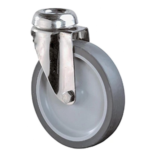 Rozsdamentes acél Beálló készülék görgő, hőre lágyuló szürke gumi, átm. 75 mm, teherbírás 60 kg, csúszócsapágy, csavarlyuk