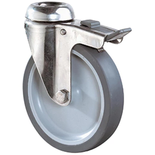 Rozsdamentes acél Beálló készülék görgő fékkel, hőre lágyuló szürke gumi, átm. 50 mm, teherbírás 40 kg, siklócsapágy, csavarlyuk