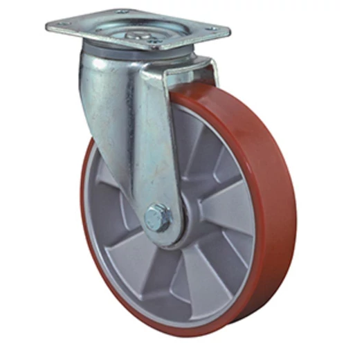 Beálló görgő szállítóeszközökhöz, poliuretán 95+/-3 piros, átm. 125 mm, teherbírás 200 kg, golyóscsapágy, rögzítő lemez