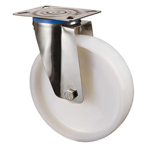 Rozsdamentes acél beálló görgő szállítóeszközökhöz, fehér műanyag, átm. 80 mm, teherbírás 100 kg, csúszócsapágy, rögzítő lemez