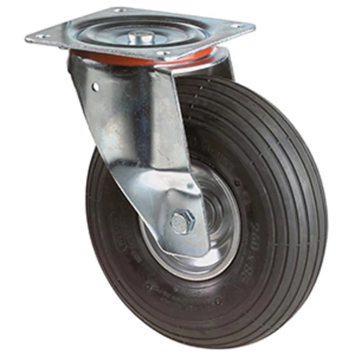 Beálló görgő szállítóeszközökhöz, fekete gumi, átm. 200 mm, teherbírás 75 kg, gördülőcsapágy, rögzítő lemez