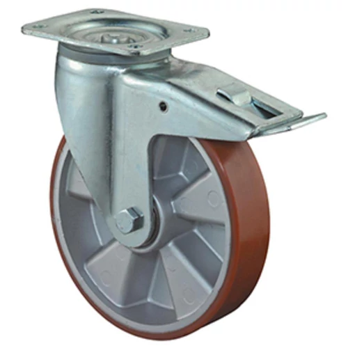 Beálló görgő szállítóeszközökhöz, fix, poliuretán 95+/-3 piros, átm. 125 mm, teherbírás 200 kg, golyóscsapágy, rögzítő lemez