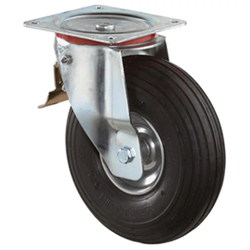 Szállítóeszköz beálló görgő fékkel, fekete gumi, átm. 260 mm, teherbírás 130 kg, gördülőcsapágy, rögzítő lemez