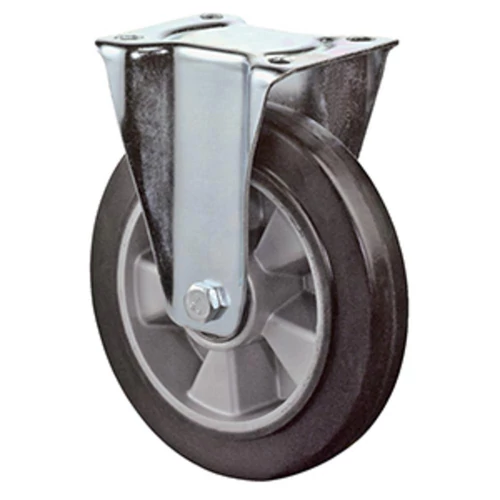 Fix görgő szállítóeszközökhöz, fekete elasztikus tömörgumi, átm. 125 mm, teherbírás 300 kg, golyóscsapágy, rögzítő lemez