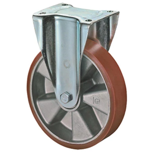 Fix görgő szállítóeszközökhöz, poliuretán 95+/-3 piros, átm. 160 mm, teherbírás 300 kg, golyóscsapágy, rögzítő lemez