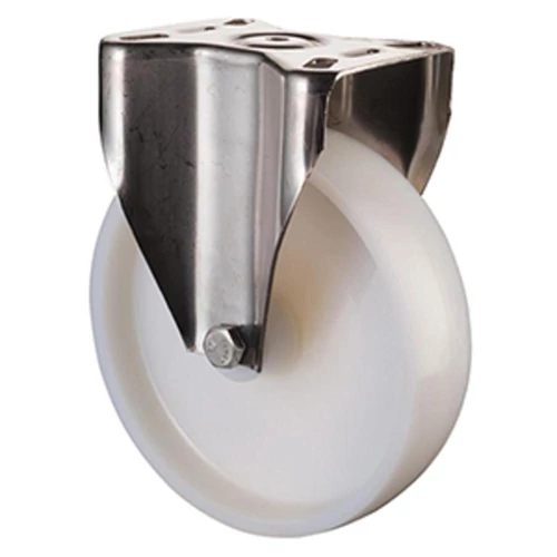 Rozsdamentes szállítóeszköz fix görgő, fehér műanyag, átm. 80 mm, teherbírás 100 kg, csúszócsapágy, rögzítő lemez
