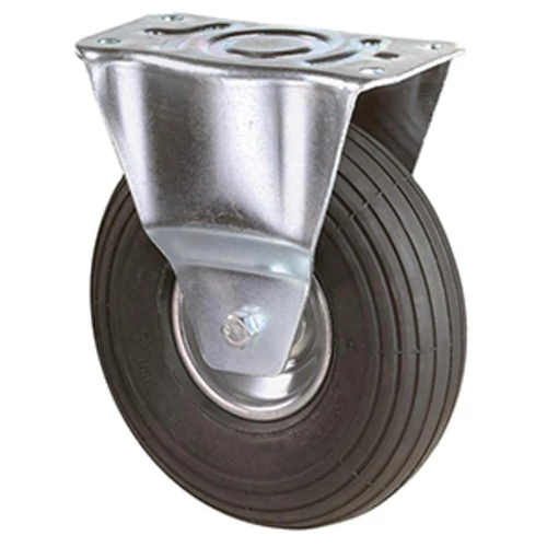 Fix görgő szállítóeszközökhöz, fekete gumi, átm. 260 mm, teherbírás 130 kg, gördülőcsapágy, rögzítő lemez