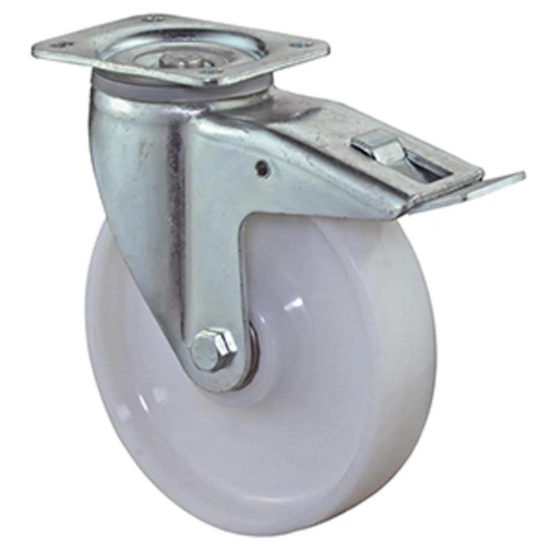 Nagy teherbírású beálló görgő fékkel, fehér műanyag, átm. 150 mm, teherbírás 700 kg, golyóscsapágy, rögzítő lemez