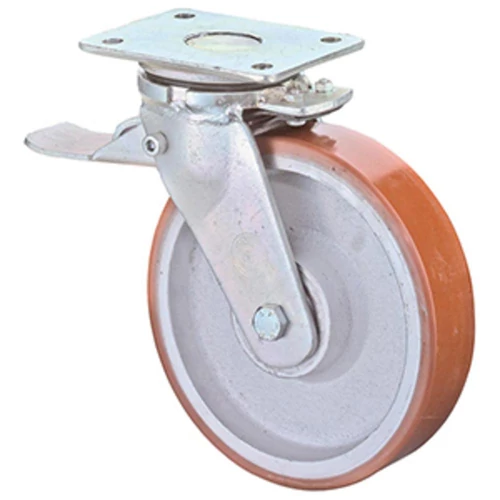 Nagy teherbírású beálló görgő fékkel, poliuretán 95+/-3 piros, átm. 250 mm, teherbírás 1600 kg, golyóscsapágy, rögzítő lemez