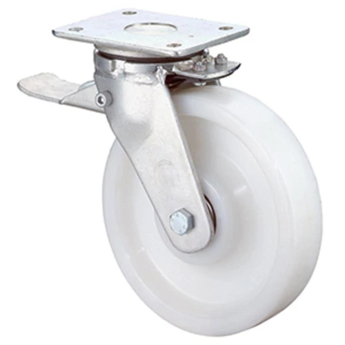 Nagy teherbírású beálló görgő fékkel, fehér műanyag, átm. 150 mm, teherbírás 800 kg, golyóscsapágy, rögzítő lemez
