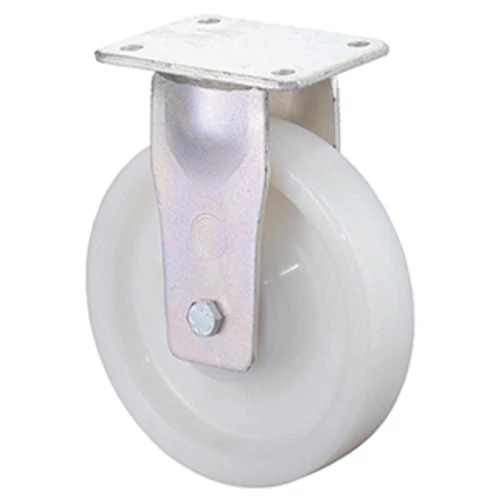 Nagy teherbírású fix görgő, fehér műanyag, átm. 100 mm, teherbírás 400 kg, golyóscsapágy, rögzítő lemez