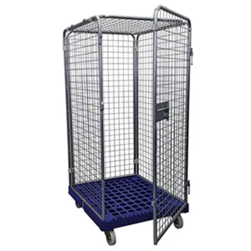 Guruló kocsi dróthálós falakkal, 5 oldal (1 ajtó), hasznos magasság 1020 mm, HxSzxM 810x720x1200 mm, padlólemez HDPE, RAL 5010 enciánkék
