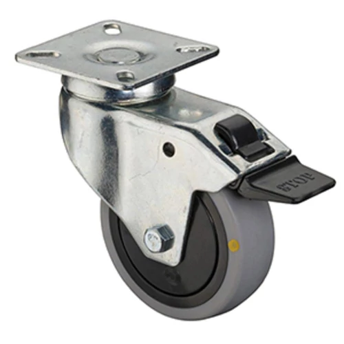 ESD készülék görgő, forgó görgő fékekkel, hőre lágyuló szürke gumi, átm. 80 mm, teherbírás 80 kg, golyóscsapágy, rögzítőlemez