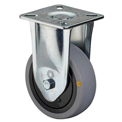 ESD berendezés görgő, fix görgő, hőre lágyuló szürke gumi, átm. 75 mm, teherbírás 60 kg, golyóscsapágy, rögzítőlemez