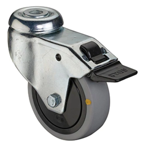 ESD készülék görgő, beálló görgő fékekkel, hőre lágyuló szürke gumi, átm. 125 mm, teherbírás 100 kg, golyóscsapágy, csavarlyuk