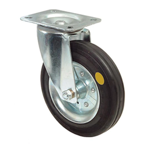 ESD szállítóeszköz görgő, beálló görgő, antisztatikus fekete gumi, átm. 200 mm, teherbírás 205 kg, gördülőcsapágy, rögzítő lemez