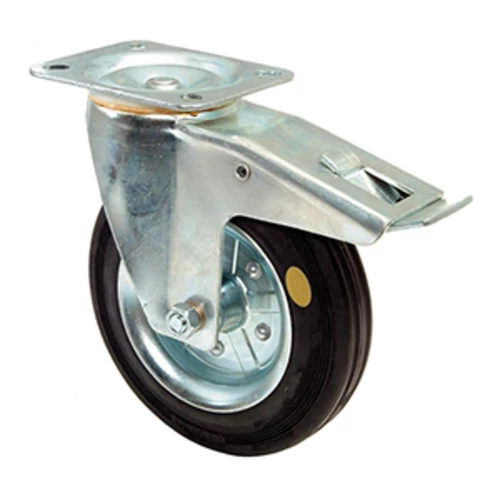 ESD szállítóeszköz görgő, beálló görgő fékkel, antisztatikus fekete gumi, átm. 100 mm, teherbírás 80 kg, gördülőcsapágy, rögzítő lemez