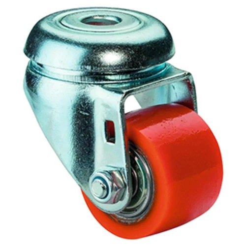Kompakt beálló görgő, piros poliuretán, átm. 50 mm, teherbírás 120 kg, golyóscsapágy, csavarlyuk