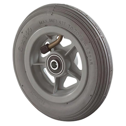 Légtömlős kerék, szürke gumi, hornyolt profil, átm. 150 mm, teherbírás 60 kg, műanyag felni, golyóscsapágy