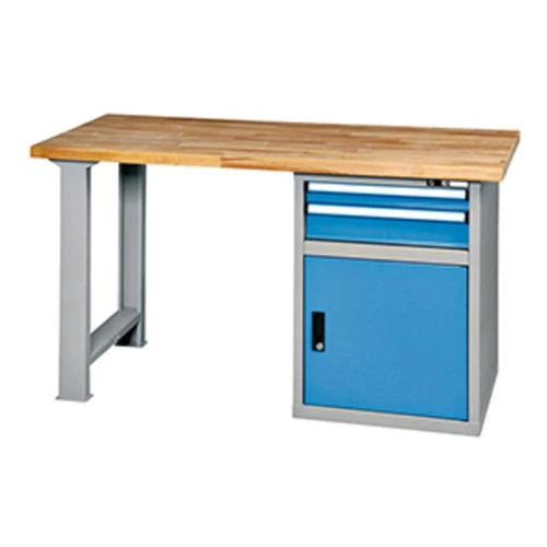 Munkapad, SZxMxM 1500x700x880mm, 1 láb, 1 fiókblokk, 2 fiók 75 mm, 1 ajtó 550 mm, terhelhetőség 1100 kg, RAL 7035/5012