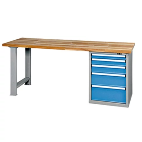 Munkapad, SZxMxM 2000x700x880mm, 1 láb, 1 fiókos blokk, 1 fiók 75, 100, 125, 200, 250 mm, teherbírás 700 kg, RAL 7035/5012