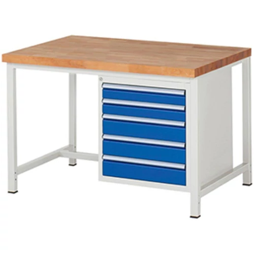 Munkapad, SZxMxM 1250x900x840 mm, 5 fiók 2x90/3x120 mm, tömör 40 mm-es bükk munkalap, RAL 7035/5010