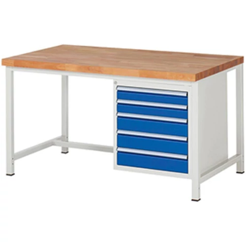 Munkapad, SZxMxM 1500x900x840 mm, 5 fiókos 2x90/3x120 mm, tömör 40 mm-es bükk munkalap, RAL 7035/5010