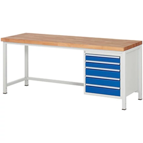 Munkapad, SZxMxM 2000x700x840 mm, 40 mm-es bükk munkalap, 5 fiók: 2 x 90 mm, 3 x 120 mm, RAL 7035/5010