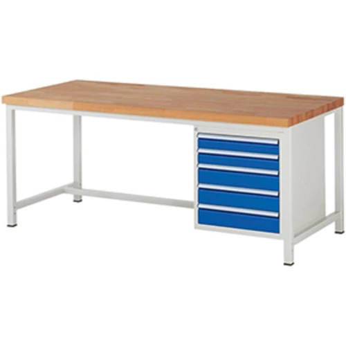 Munkapad, SZxMxM 2000x900x840 mm , 40 mm-es bükk munkalap, 5 fiók: 2 x 90 mm, 3 x 120 mm, RAL 7035/5010