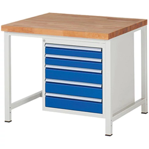 Munkapad, SZxMxM 750x900x840 mm, 5 fiók 2x90/3x120 mm, tömör 40 mm-es bükk munkalap, RAL 7035/5010