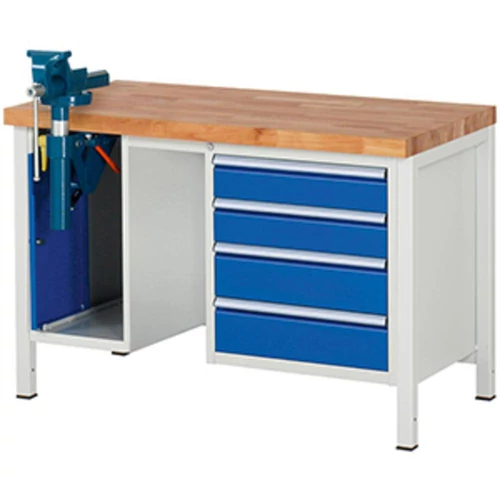 Munkapad, SZxMxM 1250x700x840 mm, bükk munkalap, 4 fiók: 2 x 120/2 x 150 mm, 1 satu szekrény, satu összecsukható emelővel, RAL7035/5010