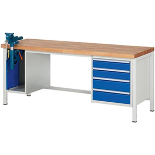 Munkapad, SZxMxM 2000x700x840 mm, bükk munkalap, 4 fiók: 2 x 120/2 x 150 mm, 1 satu szekrény, satu összecsukható emelővel, RAL7035/5010